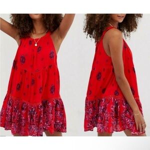 Free People Womens XS Mini Dress Talk to Me Trapeze Bardot Smocked Neckline